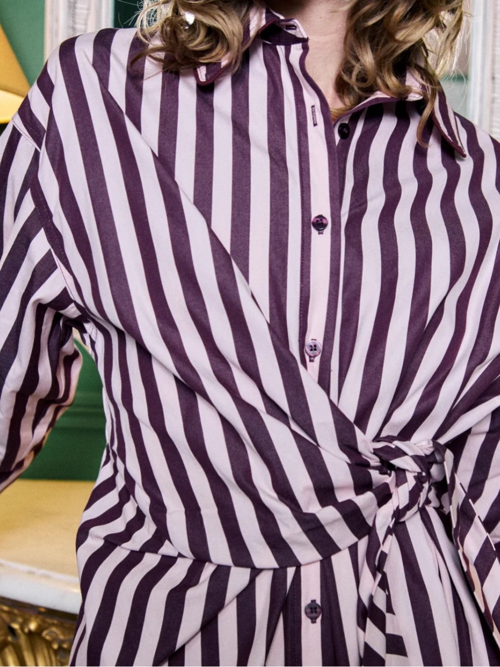 FRNCH Audry Striped Button-Front Dress Bow Tie Pink Purple Large NWT 100% Cotton - Picture 3 of 10